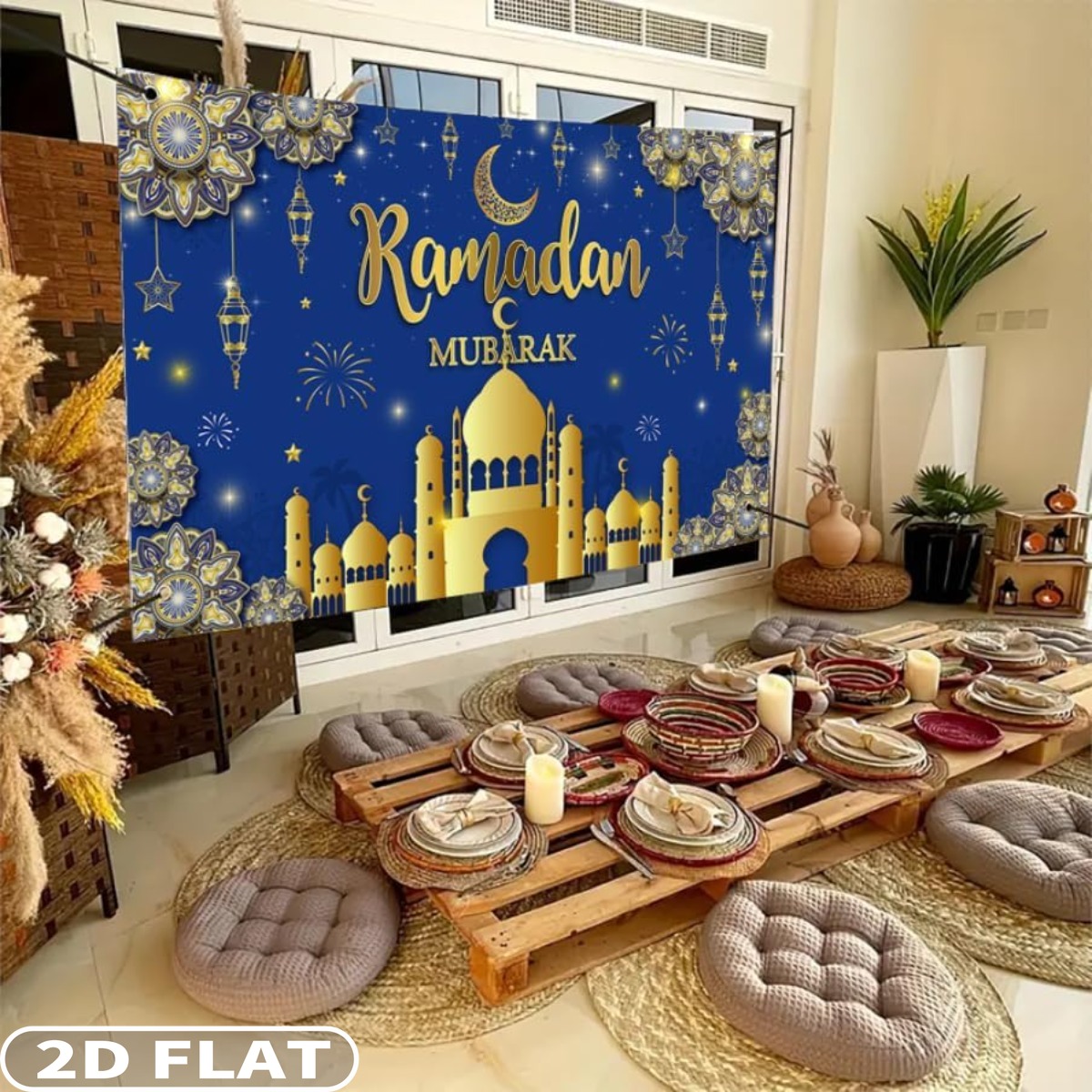 Party Banner Gold - Backdrop Perayaan Ramadan Mubarak 2D FLAT