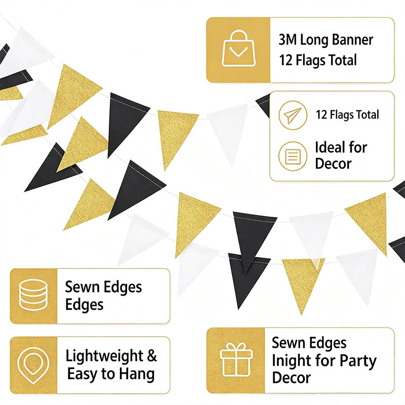 Bendera Segitiga Hitam Emas 3M - Party Banner Gold ulasan dan harga